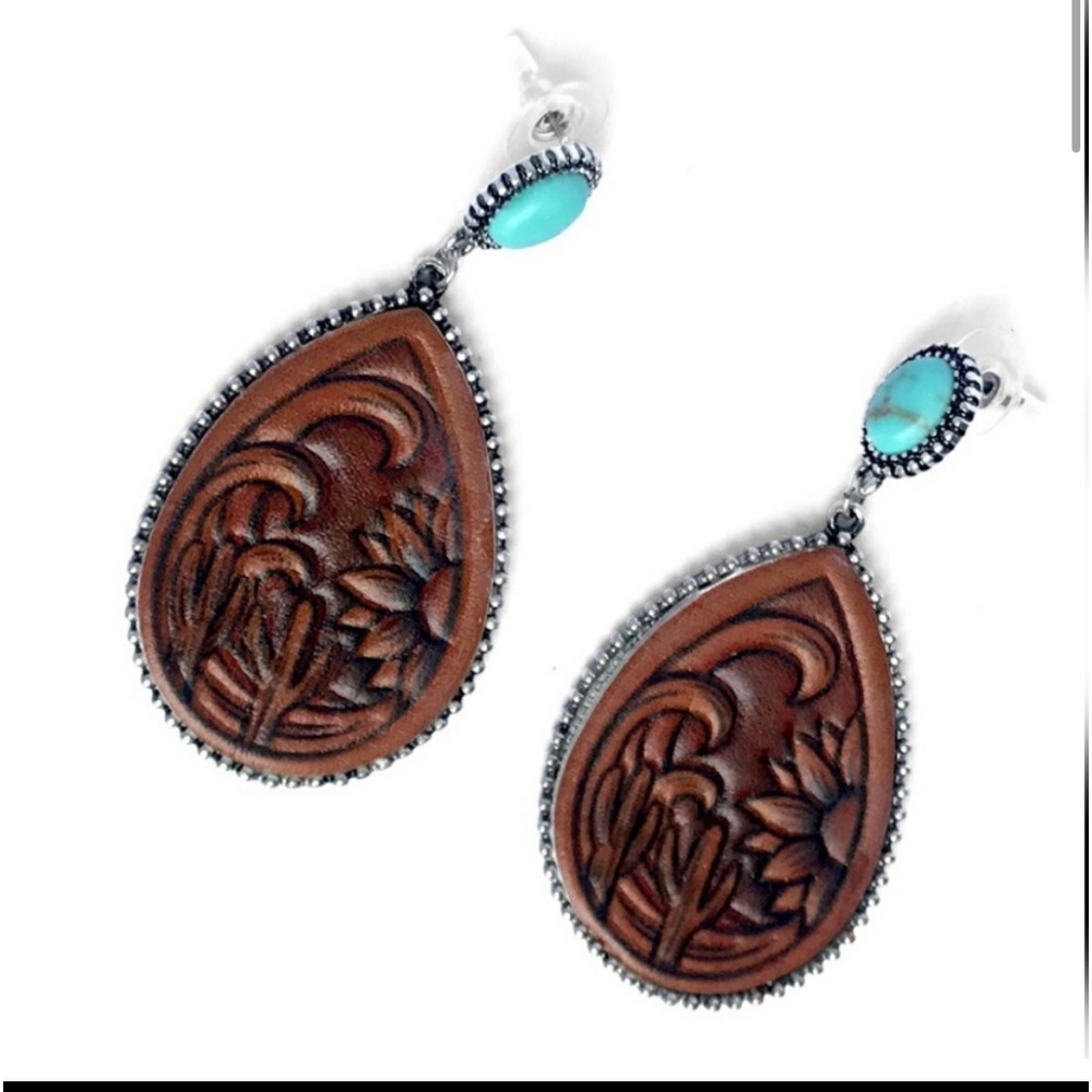 Genuine Leather Turquoise Stone Dangle Sunflower Western Earrings HANDMADE - Picture 3 of 5